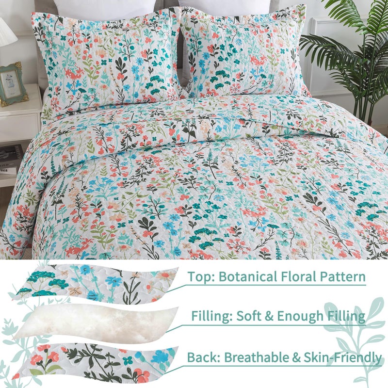 VAPUTAR Queen Quilt Bedding Set-3 Pieces Botanical Quilt Queen Size (90 x 98 inch)  Reversible Queen Coverlet with Garden Style Floral Pattern  Bedspread Queen Size Suitalble for All Season. - Image 3